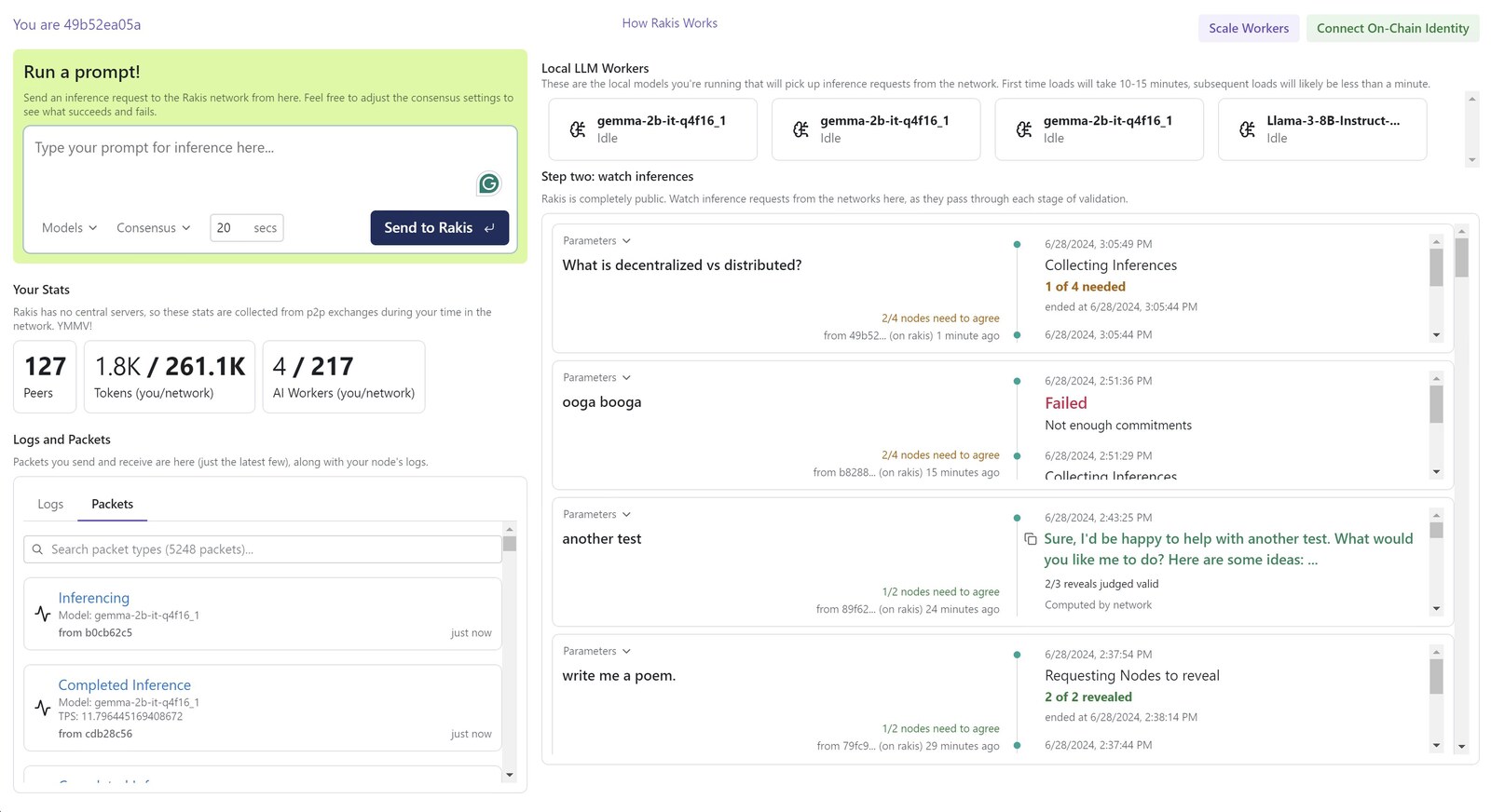 Rakis dashboard showing live peer count, AI workers, inference logs, and a prompt input panel.