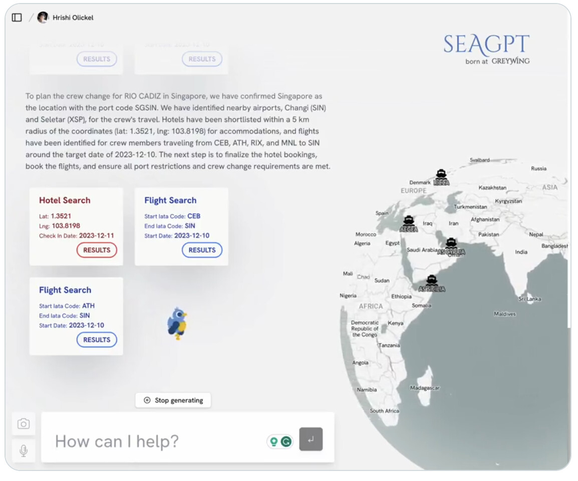 SeaGPT product screenshot — crew change planning demo with a world map showing ship icons.