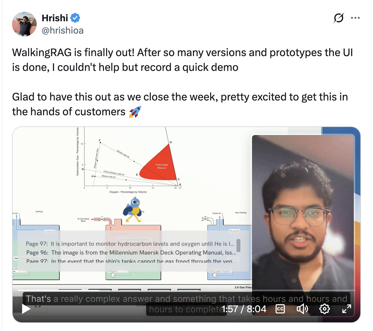 Tweet announcing the WalkingRAG launch in January 2024, showing a multi-page Maersk operating manual being walked by an AI.