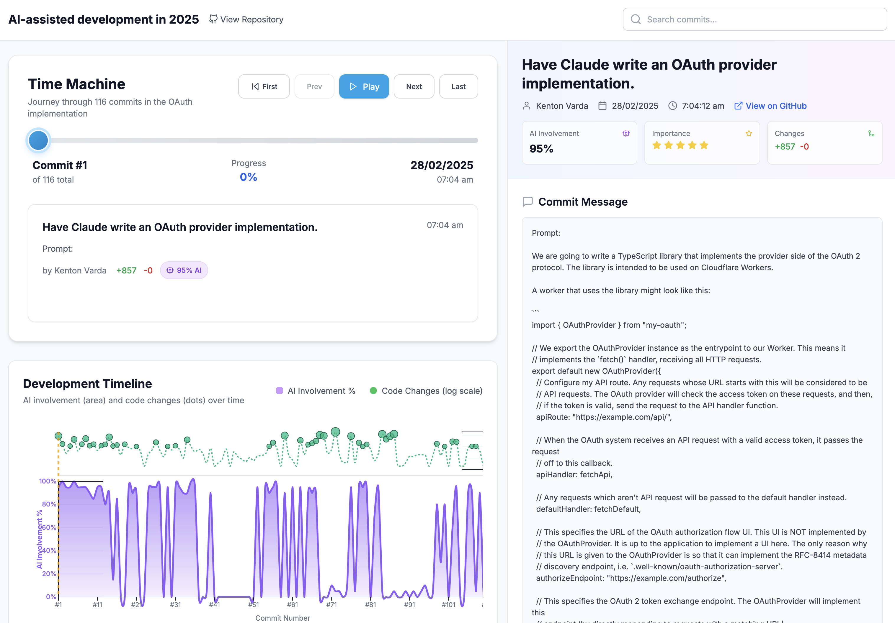 Screenshot of Claude Code generated plain HTML/JS frontend - minimalist design with commit timeline, interactive visualizations, and structured analysis panels - fastest loading and most functional of the three