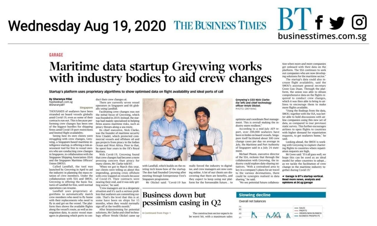 The Business Times, Wednesday 19 August 2020: 'Maritime data startup Greywing works with industry bodies to aid crew changes', with a photo of Nick Clarke and me.
